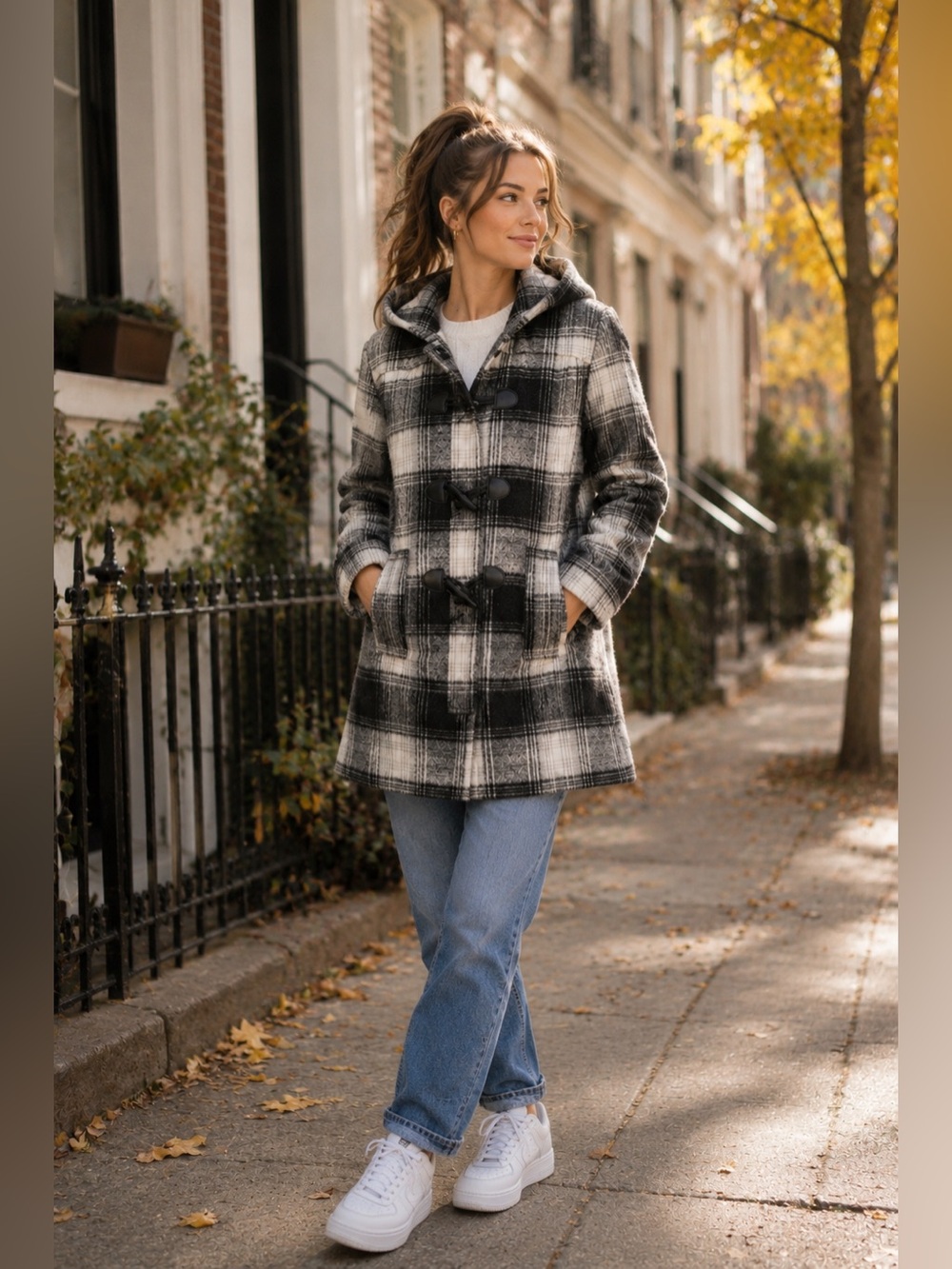 Venus Plaid Toggle Coat w/ Removable Hood – Black & White – Size 10